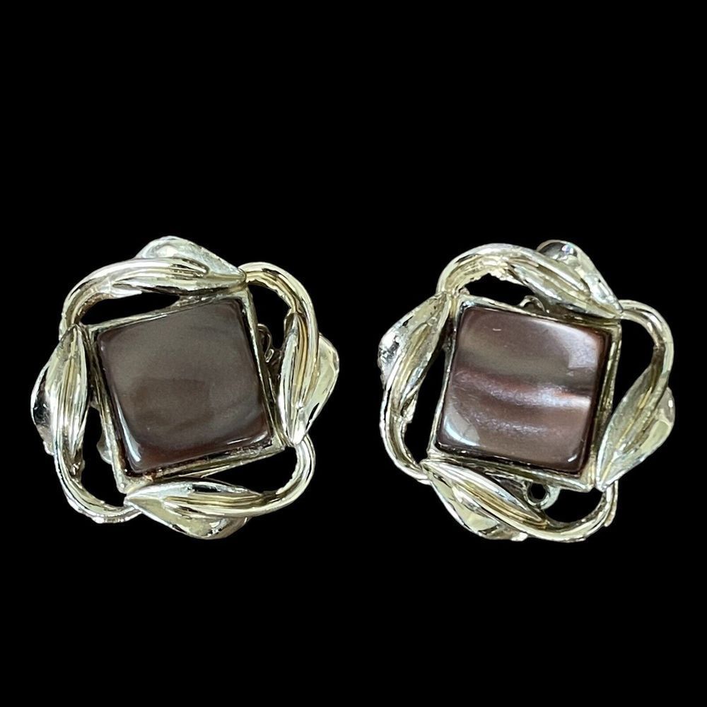 Vintage Coro Signed Brown Square Lucite Thermoset Clip On Earrings Gold Tone MCM